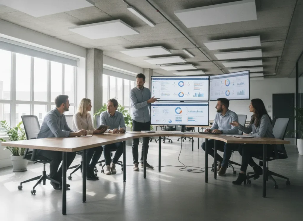 Professional software team reviewing web and business system