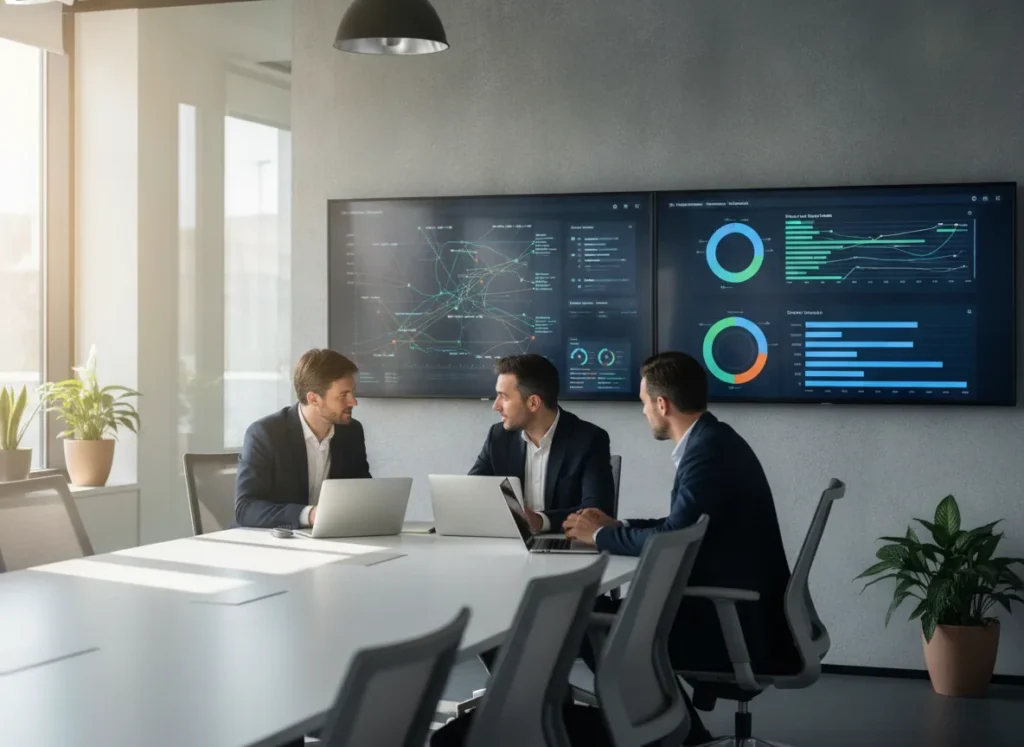 Business professionals using laptops and large screens displaying