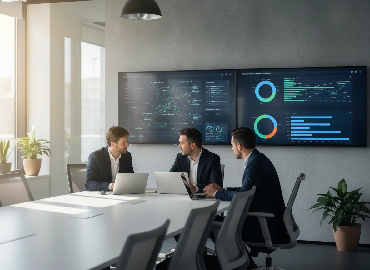 Business professionals using laptops and large screens displaying