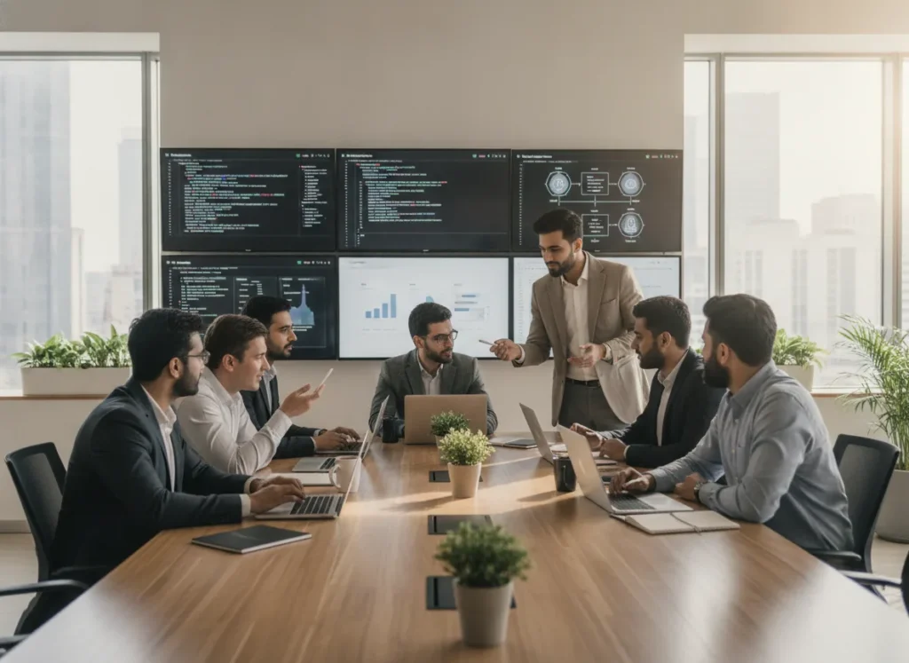 professional software company team in Pakistan collaborating in