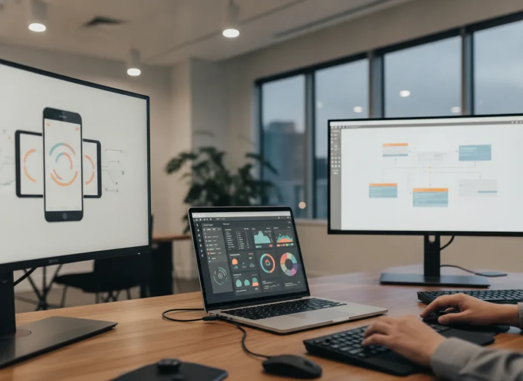 modern technology workspace with laptop dashboard screens, mobile