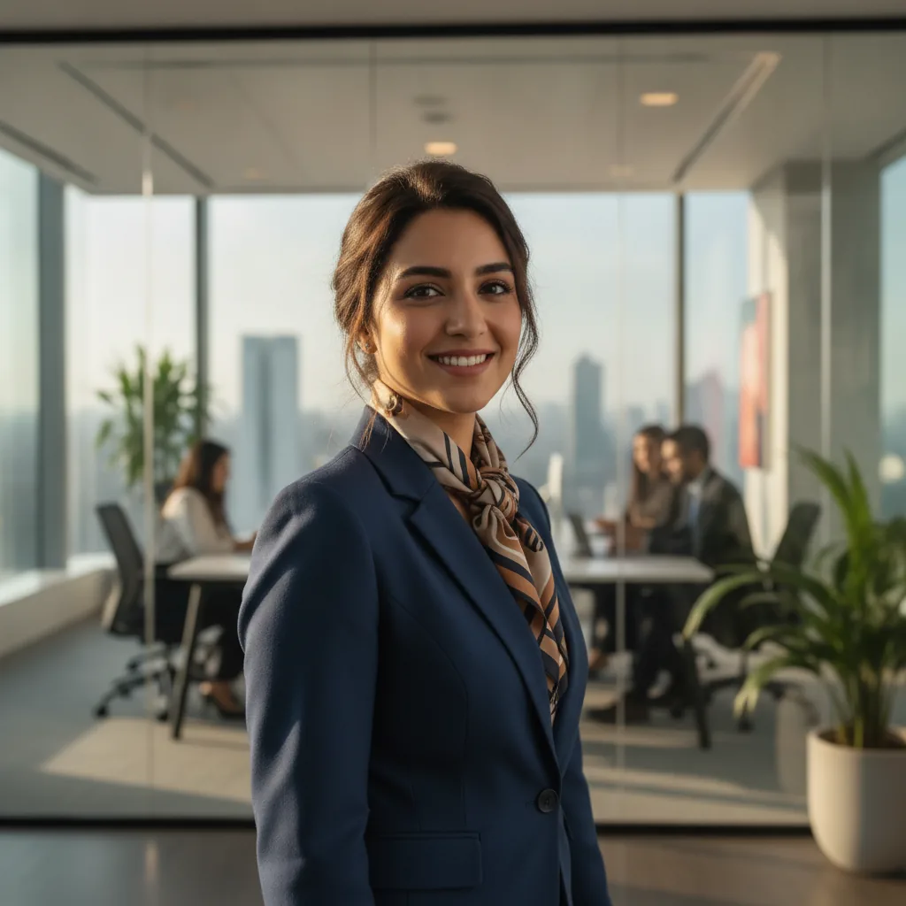 real photo, square crop, Pakistani female business professional
